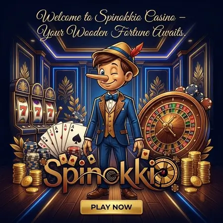 Spinokkio Casino etusivun kuva puunukke ja pelikortit